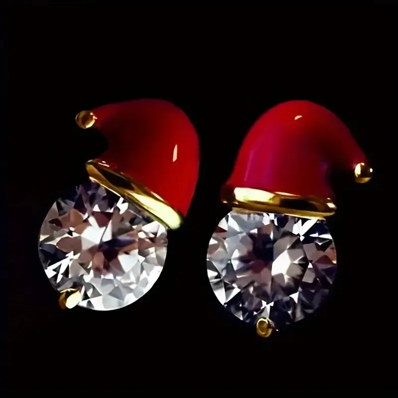 2 pares de pendientes de sombrero de Papá Noel, circonita cúbica brillante de oro rojo, joyería navideña, regalo de Navidad, Halloween, Año Nuevo, accesorios para fiesta