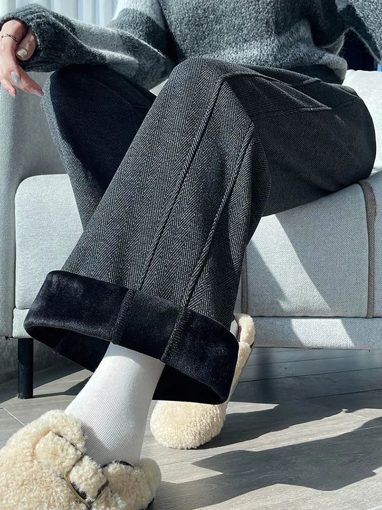 ملابس الثلوج فضفاضة مستقيمة السراويل الكورية موضة مرونة عالية الخصر المخملية اصطف Sweatpants المرأة عادية رشاقته الدافئة Pantalones