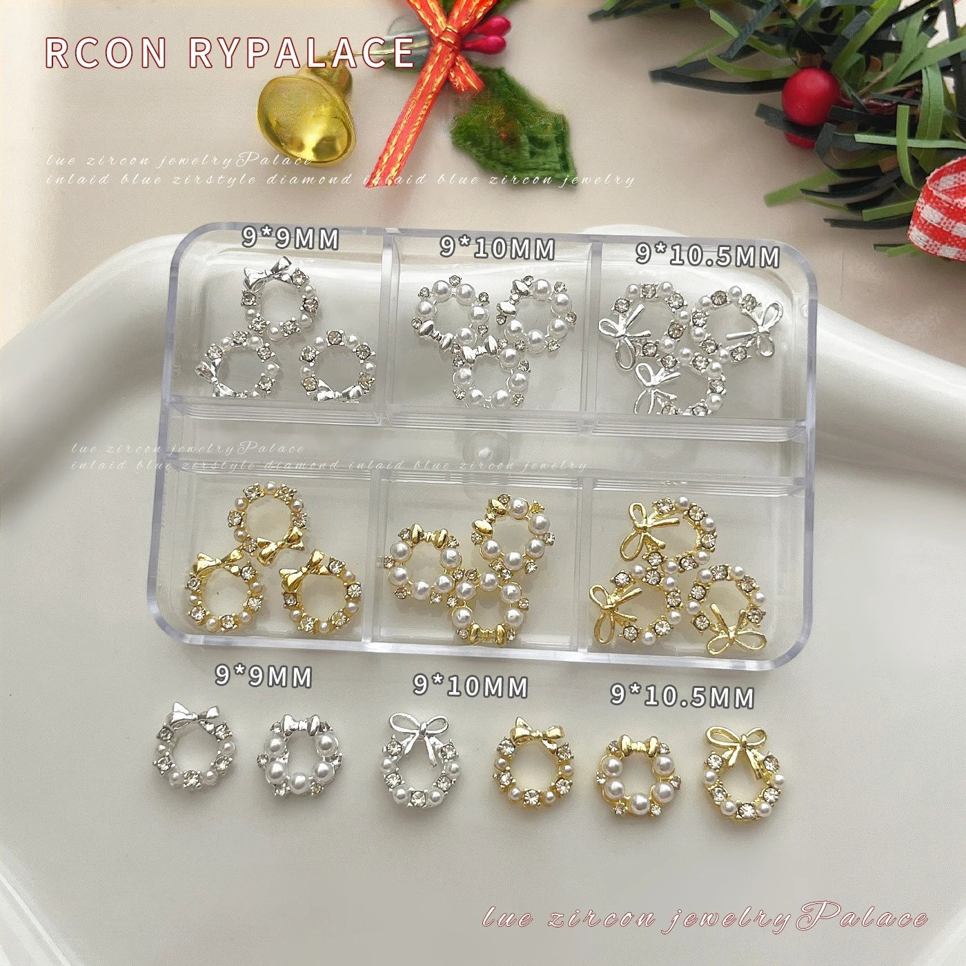 1Pcs 6 Grids Christmas Wreath 3D Alloy Diamond Pearl Nail Charms Set DIY Handmade Press On Nails Manicure Decor Parts view 6
