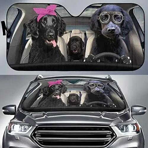 Funny Flat-Coated Retriever Driving Headband and Eyeglasses Dog Family Car Sunshade, Flat-Coated Retriever Mom Gift, Car Windshi