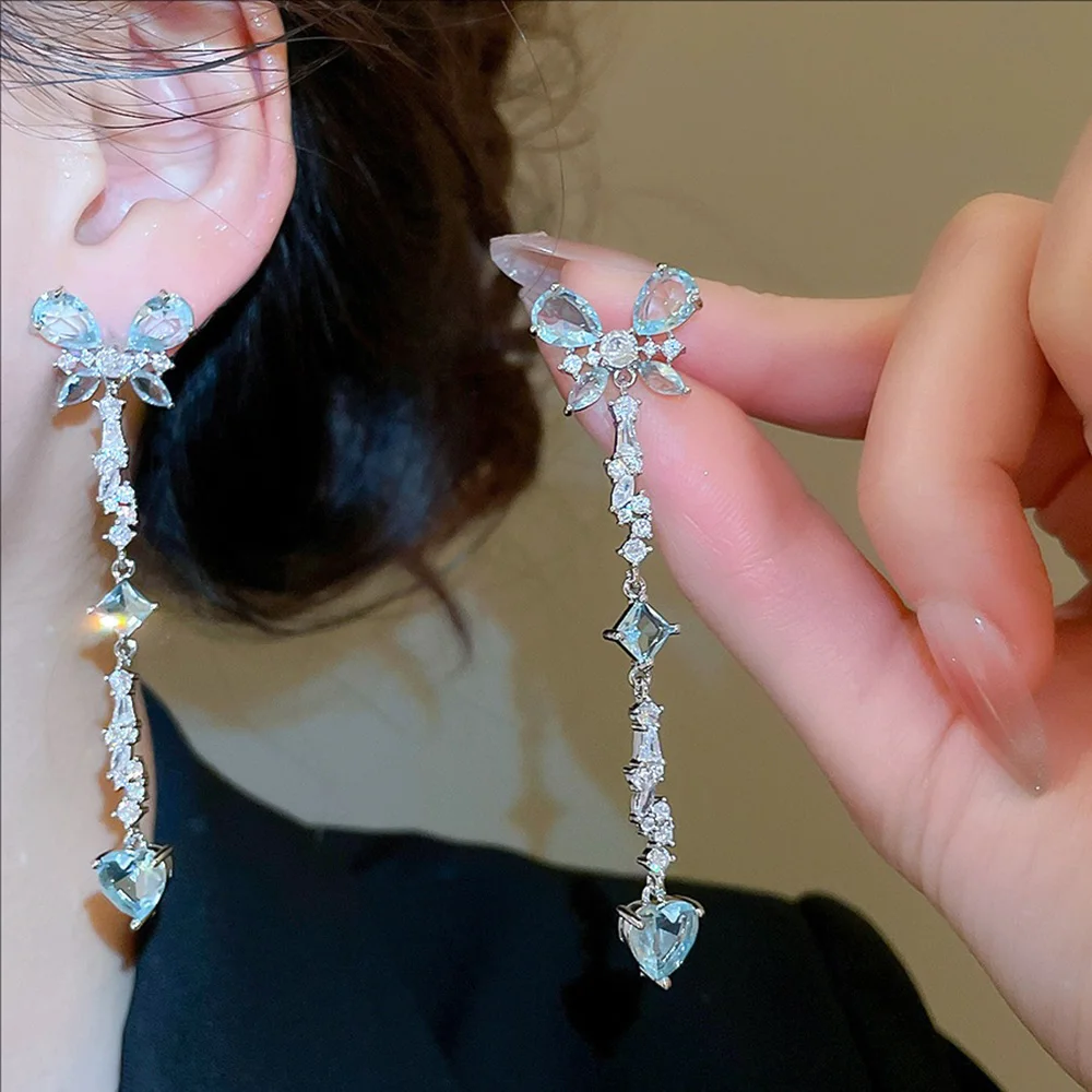 

Silvery Needle Zircon Butterfly Heart Fringed Earrings Charming Elegant Delicate and Exclusive Jewelry