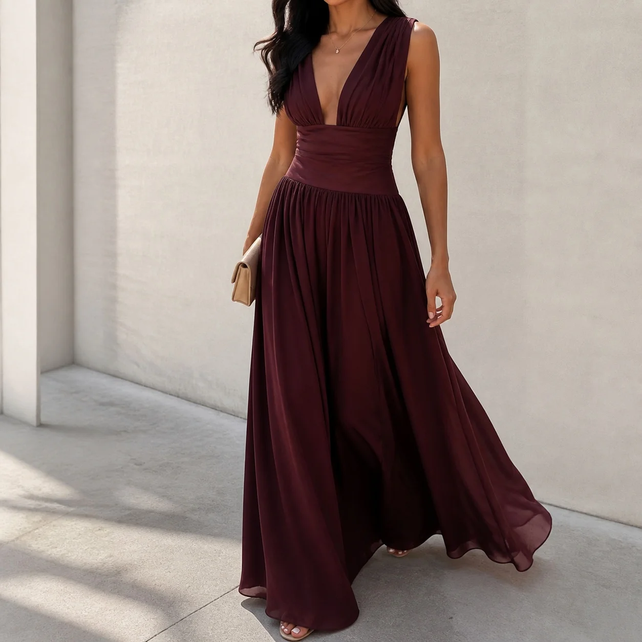 High Waist Deep V Neck Dress Fitted Graceful and Elegant with Zipper Closure Pleated Party Dress for Women Summer Beach Camping