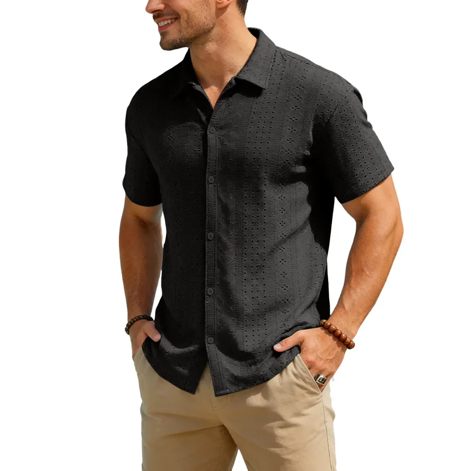 Men's Short Sleeve Shirt Hawaiian Casual Button Down Shirts Vacation Beach Summer Hollow Out Tops Blouse Lapel Breathable Shirt