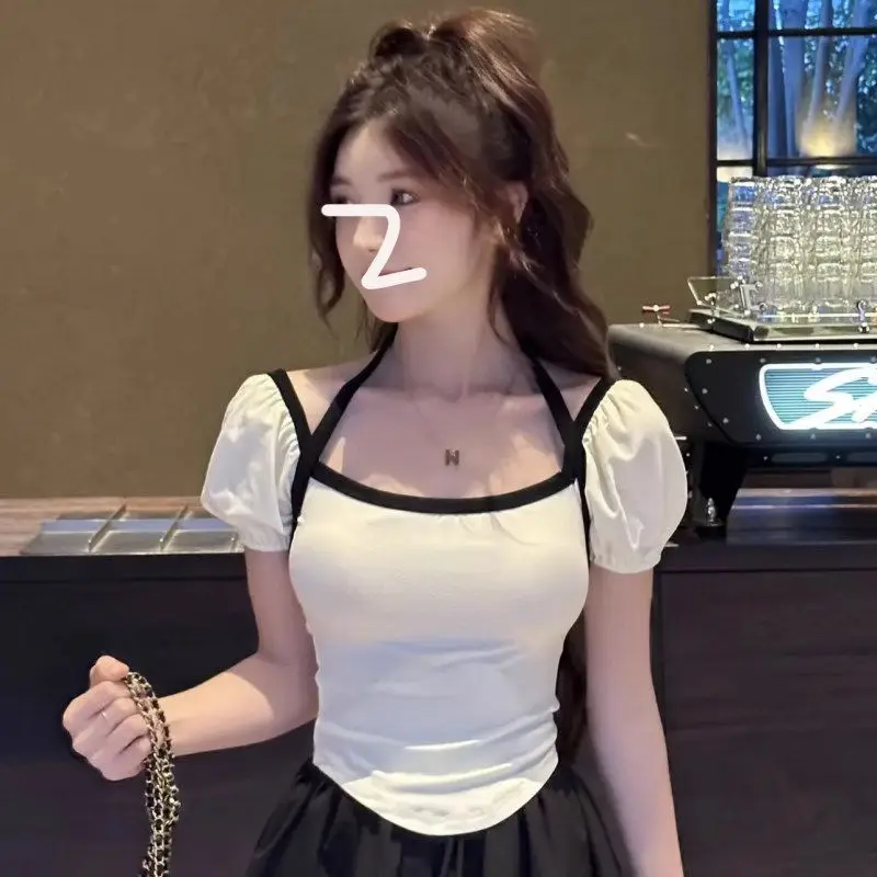 Summer New Style Short Sleeve Neck Hanging Bubble Sleeve T-Shirt Women's Sweet And Spicy Atmosphere Commute Style Pure Color ...