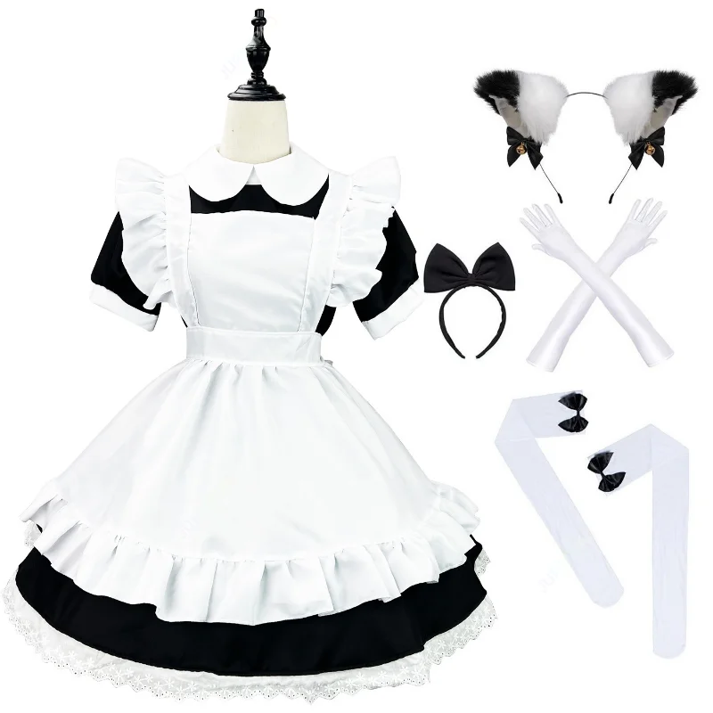 Fantasia clássica de cosplay empregada para meninas, anime, preto, branco, tamanhos grandes, avental, gata empregada, kawaii, roupas japonesas, princesa, vestido lolita, festa