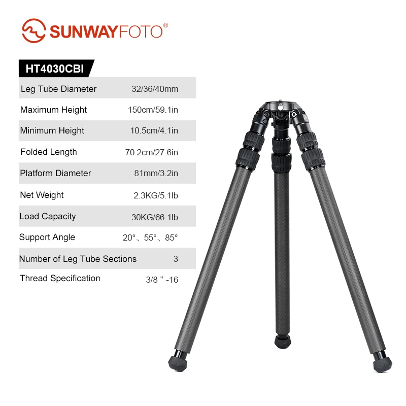 SUNWAYFOTO HT4030CBI Inverted Leg Carbon Fiber Heavy Duty Statief met 65mm kom, 40mm, 3 secties, 59'' (150cm) hoog, belastbaar tot 66lb