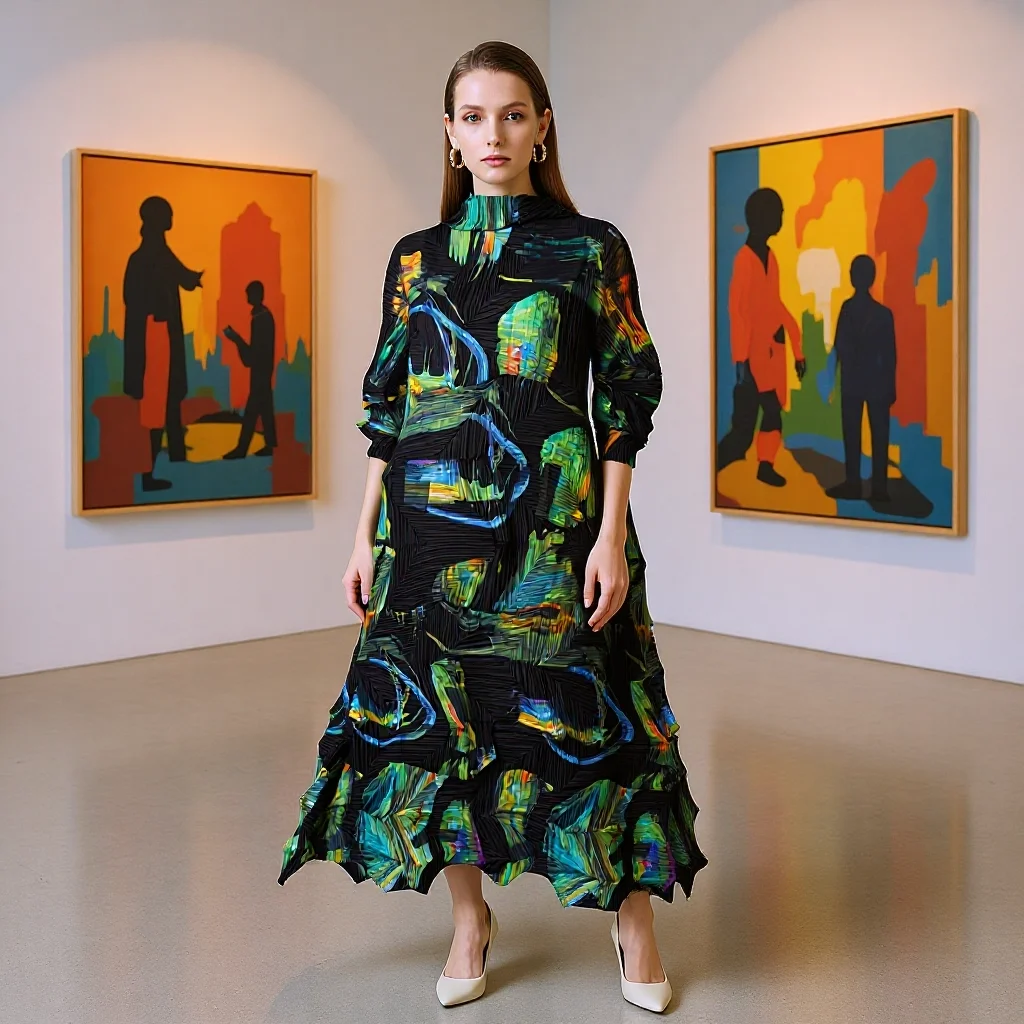 Miyake geplooid 2026 lente en zomer nieuwe mode damesontwerp onregelmatig gevoel voor casual geplooide print stropdas jurken geplooid