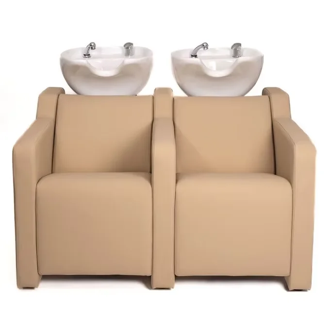 Modern style PU leather spa salon shampoo chair with ceramic basin, adjustable foot pedal, double seat, professional commercial