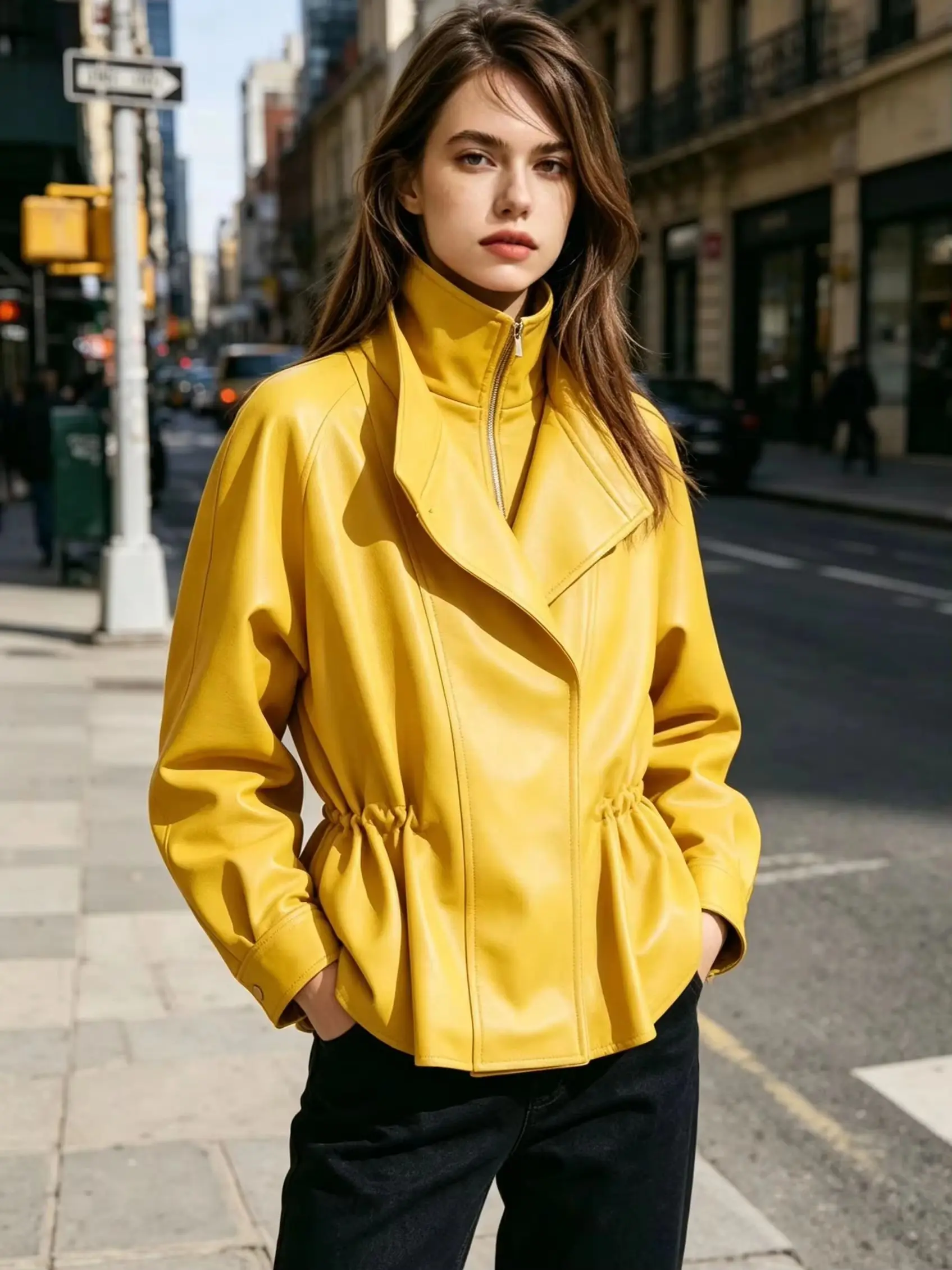 2026 Spring Coats Lady Casual Pu Leather Women's Jacket Loose Full Sleeve Waist-closed Stand Collar Zipper Drawstring Lady Coats
