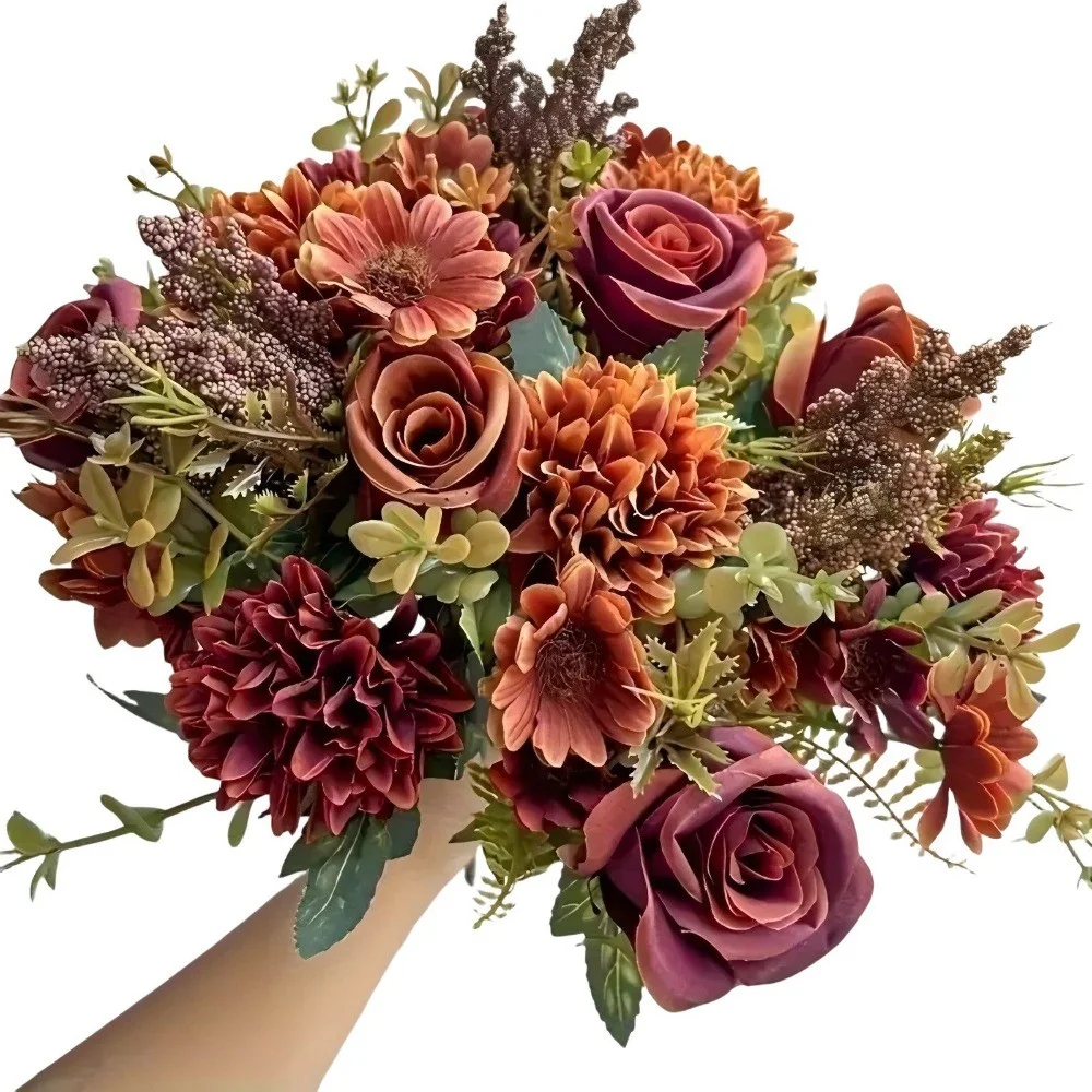 Künstlicher Rosen-Chrysanthemenstrauß mit 7 Gabeln, für Hochzeit, Zuhause, künstlicher Wohnzimmertisch, Hotellandschaftsdekoration, Schieß-Requisiten – Detail 3