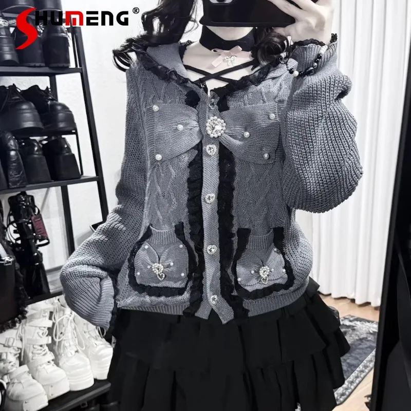 

Japanese Lolita SC Mine Series Lace Long-sleeves Cardigan Coat Mass-produced Clear Style Knit Sweater And Cake Skirt For Ladies