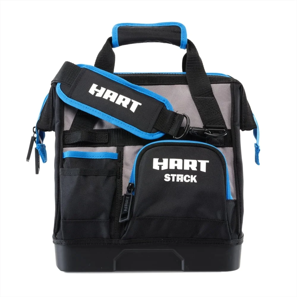 Bolsa de herramientas duradera de fondo duro de 12 pulgadas, resistente al agua, 30 bolsillos, cremalleras dobles, asas acolchadas, almacenamiento multiusos