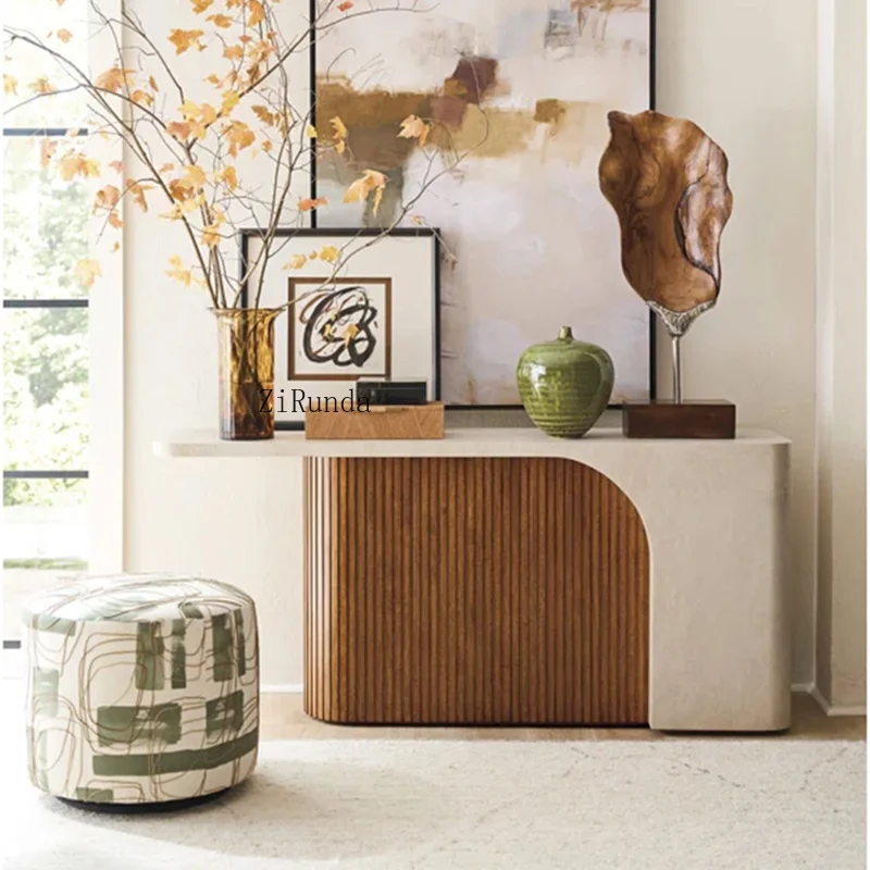 Luxury beige limestone and wooden porch table for home furniture entry areas