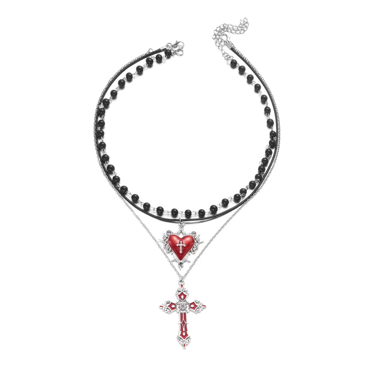 

Gothic Cross Necklace Punk Y2K Layered Heart Pendant Choker Necklace Red Black Beaded Chain Unisex Jewelry