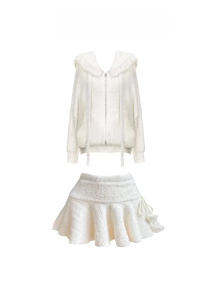 

Женская белая вязаная юбка Pure Desire Spicy Girl, осенне-зимнее пальто-свитер с капюшоном, юбка А-силуэта