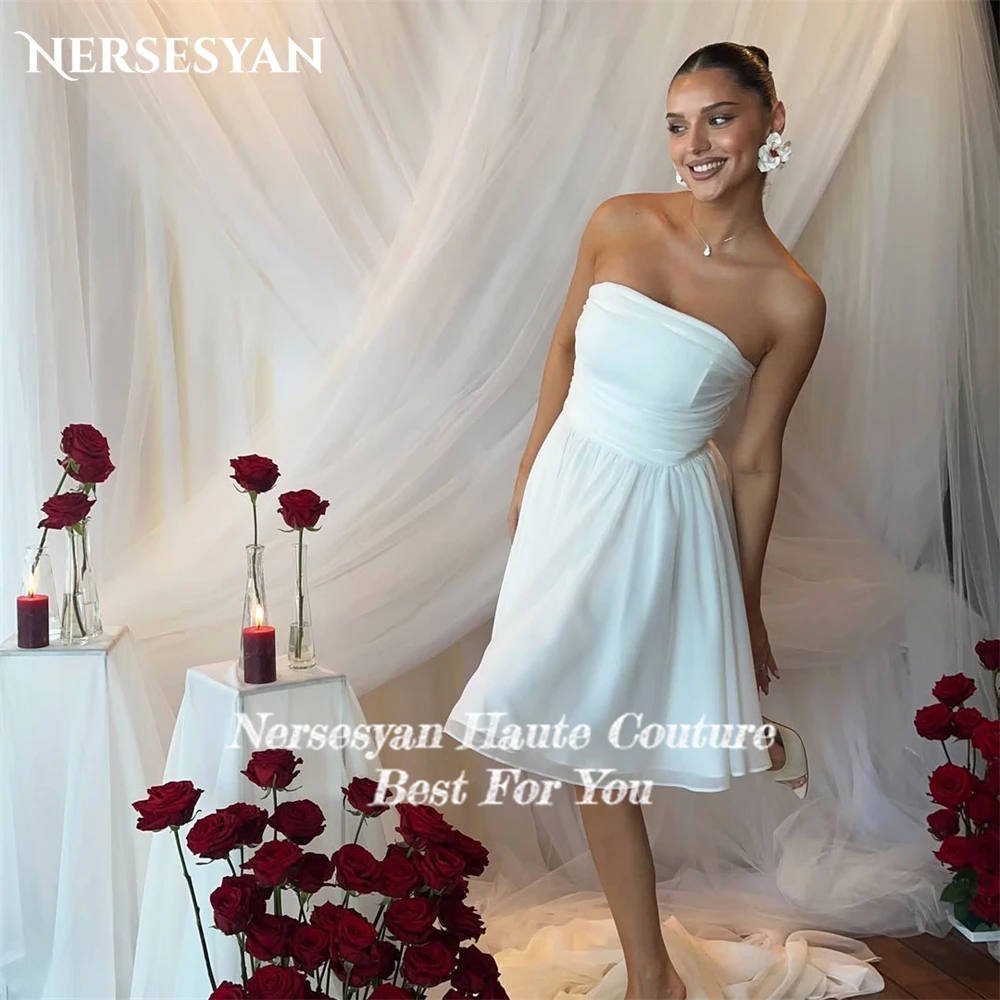 Nersesyan – robe de bal élégante en mousseline de soie, plissée, épaules dénudées, dos nu, longueur aux genoux, robes de soirée d'invitées de mariage personnalisées