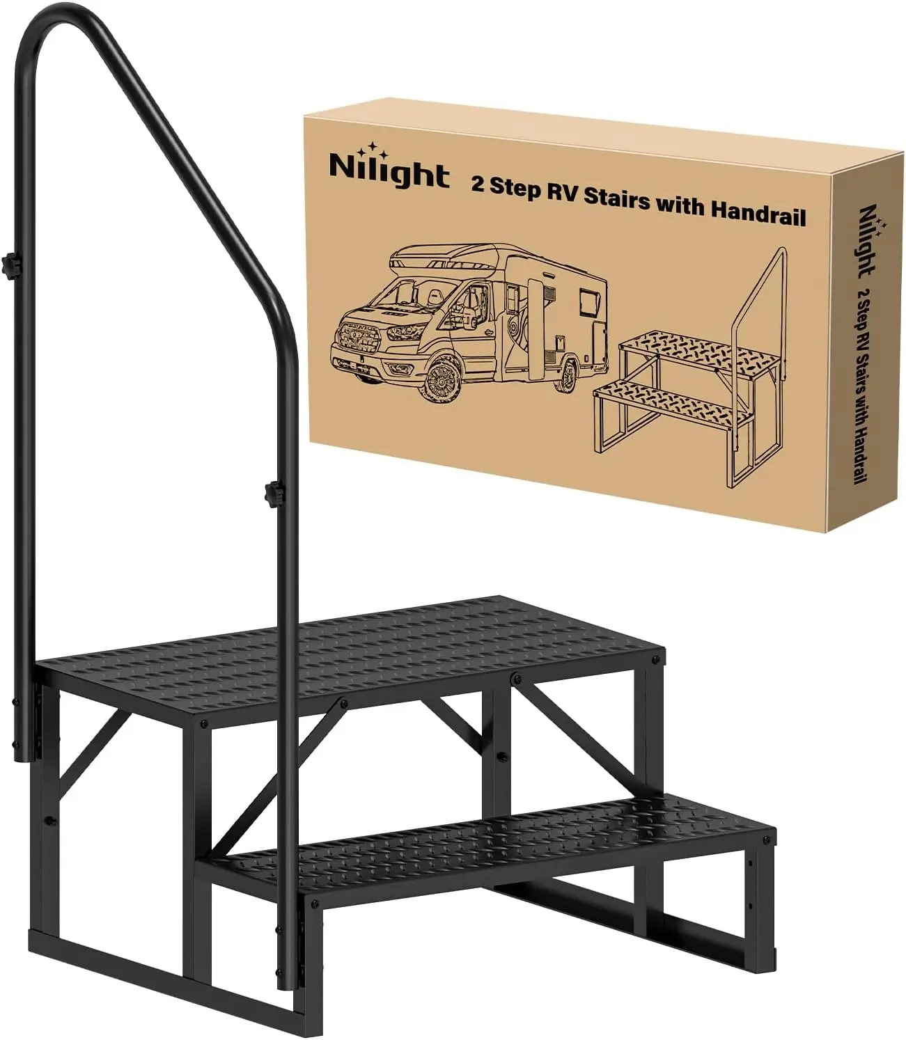 

2 Step RV Stairs with Handrail, Portable Anti-Slip Outdoor Steps for Camper Travel Trailer, 727 lbs Capacity