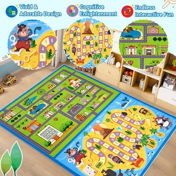 Kids Rug Colorful Animal Non-Slip Carpet for Classroom Bedroom Playroom Indoor Road Car Educational Area Rug Home Decoration