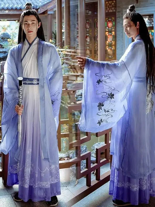 Chinese Men Hanfu Dress Set Cross Collar Oriental Ancient Costume Party Cosplay Wuxia Fancy Outfit Couple Purple Hanfu Set