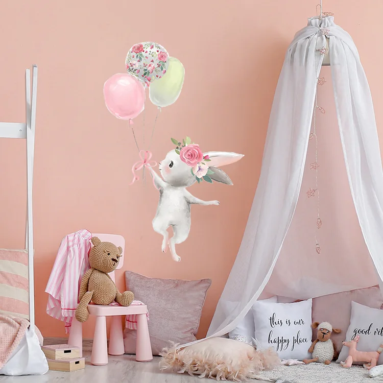 Niedlicher Hase, der mit Luftballons spielt, Wandaufkleber, Wohnzimmer, Schlafzimmer, Heimdekoration, Tapete, Kinderzimmer, Dekoration, abnehmbare Wandaufkleber – Detail 3