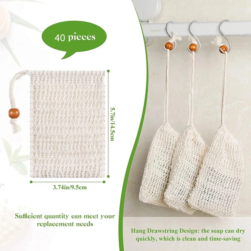 40Pcs Shower Bath Sisal Soap Bag Natural Sisal Soap Bag Exfoliating Soap Saver Pouch Holder