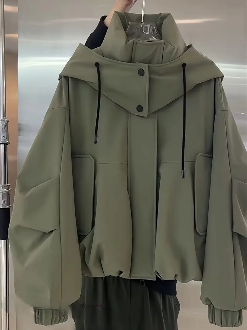 French high-end solid color Joker double-pocket loose coat women's autumn and winter fashion temperament unique tooling jacket