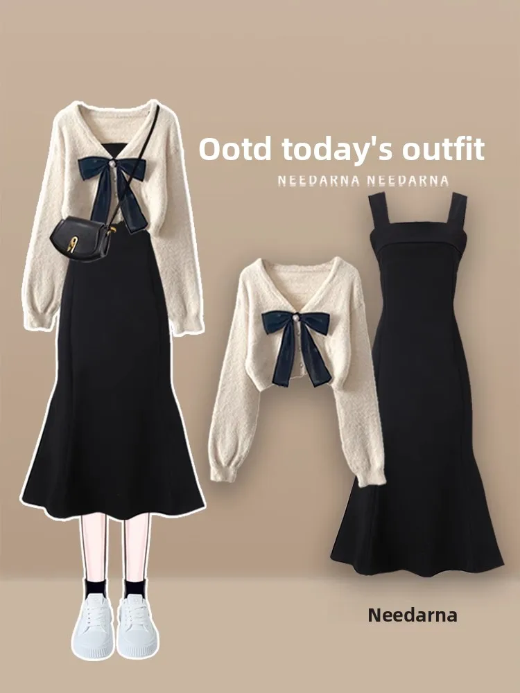 

2024 Новый женский свитер с длинным узлом на бретельках Fi Tail, осенний комплект из двух предметов V Ne Sve Long Sve Casual ...