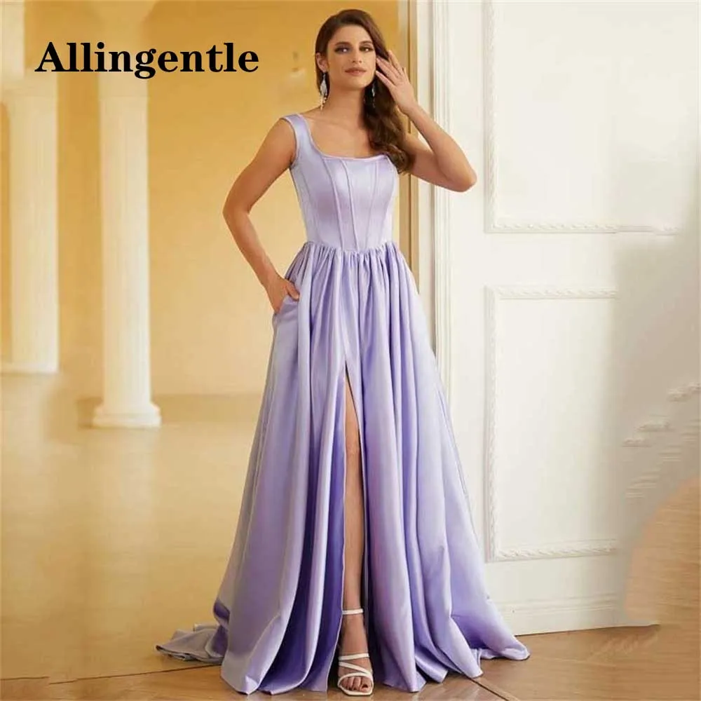 Allingentle Square Collar Evening Dress Sleeveless Modern A-Line High Split Side Prom Party Gown Pockets Backless Robe De Soriee