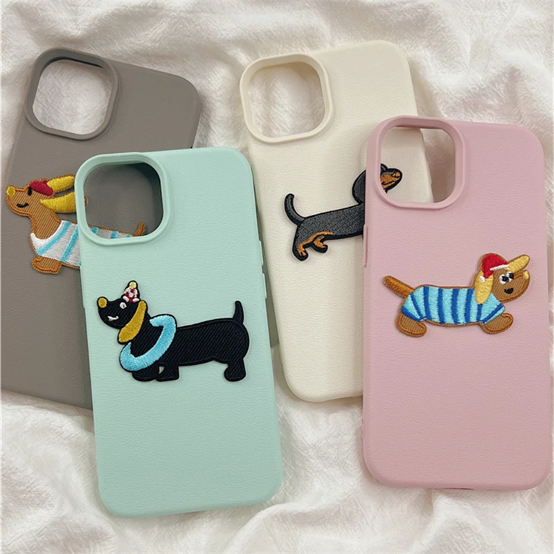 Korean Cute Cartoon Embroidered Puppy Leather Pattern Case For iPhone 16 15 Plus 14 Pro 13 Promax 12 11 Pro Max Wowen Back Cover