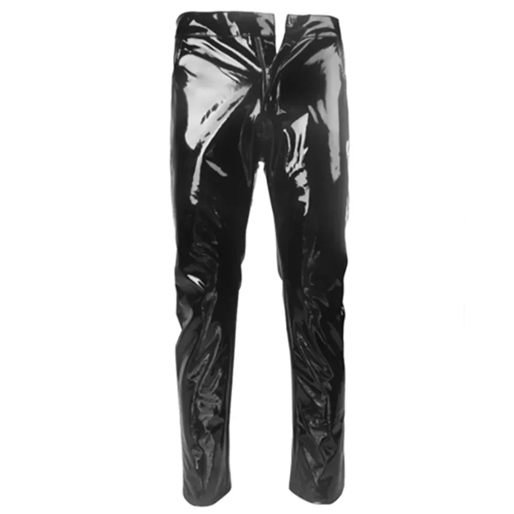 Calça reta de couro brilhante masculina, calça de látex Wetlook, calça dança, moda skinny, boate festa