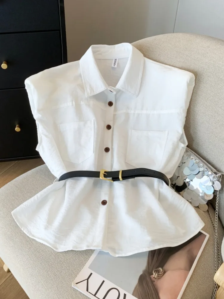 

Элегантная женская рубашка без рукавов, утягивающая фигуру, с одним пуговицей и поясом, из полиэстера, прямого кроя, тонкая, летняя, модная.