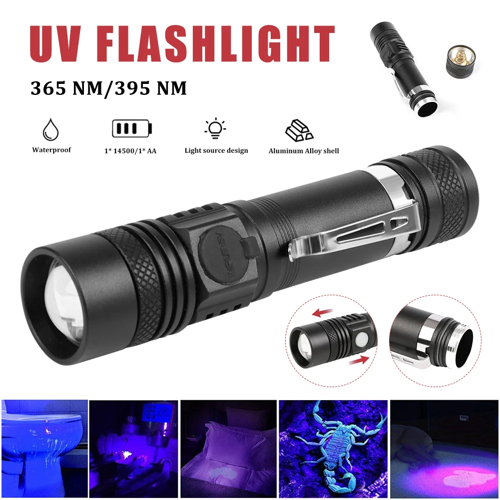 LED UV Flashlight 365nm/395nm Blacklight Scorpion UV Light Pet Urine Detector Zoomable Ultraviolet Rechargeable Outdoor Lighting