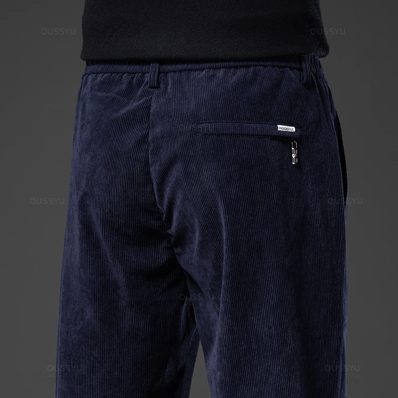 Four Seasons Men\'s Corduroy Casual Pants Elastic Waist Business Fashion Straight Loose Trousers Male Black Khaki Blue M-5XL