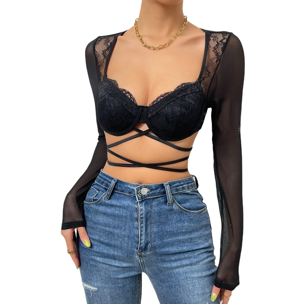 Vemina Fashion V-Neck Hollowing Mesh See Through Crop Tops Long Sleeve,Sexy Bandage Lace Embroidery Women Bodycon Slim Blouses