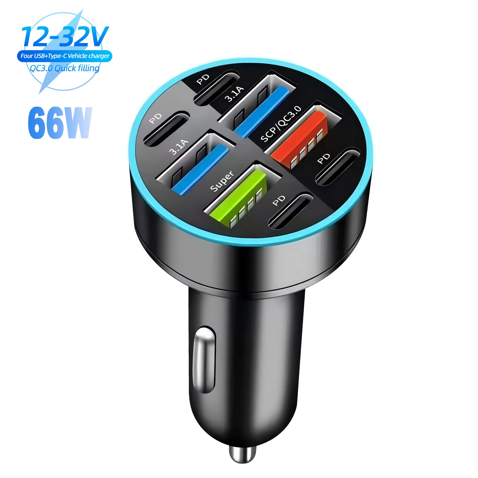 66W 8Ports Car Charger Fast Charging PD QC3.0 USB C Auto Phone Charger Adapter in Car For iPhone Samsung Huawei Xiaomi