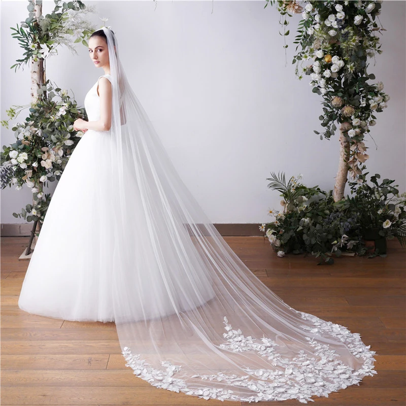 

Свадебная фата длиной 3 метра, белая, цвета слоновой кости, с аппликациями, модель 2026 года, с гребнем, головной убор для невесты, Velo De Novia