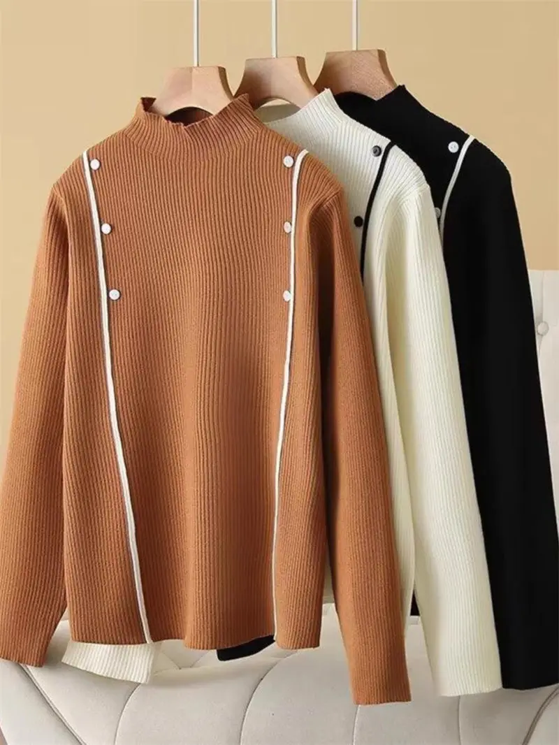 2024 Winter Women's New Fashion Knitted Sweater Large Size Half High Collar Color Blocked Nail Button Pullover Shirt Top A563