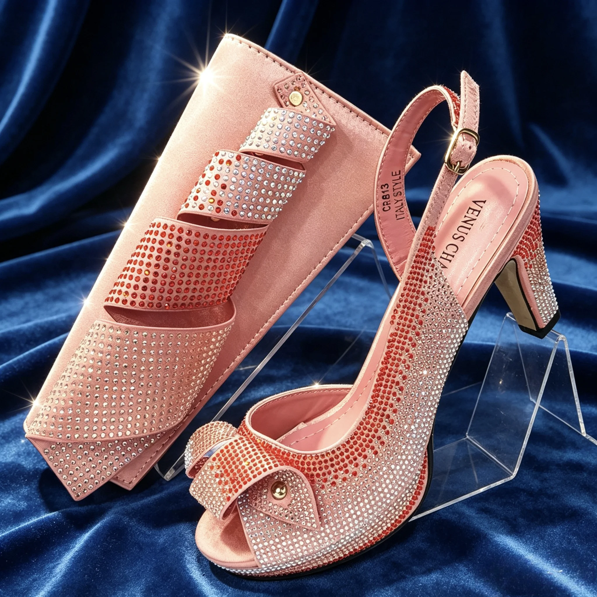 2026 Elegant Women's Peep-Toe Heels & Peach Color Diamond Pumps Set - Chic Italian Footwear & Matching Bags for Parties