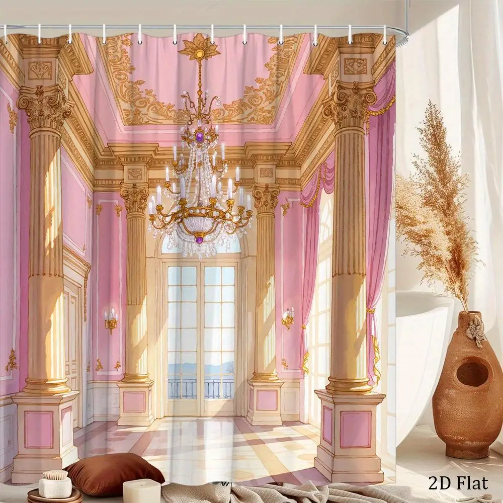 

Elegant Baroque Luxury Shower Curtain Pink Gold Palace Style Polyester Waterproof Bathroom Home Decor Curtain Drapery