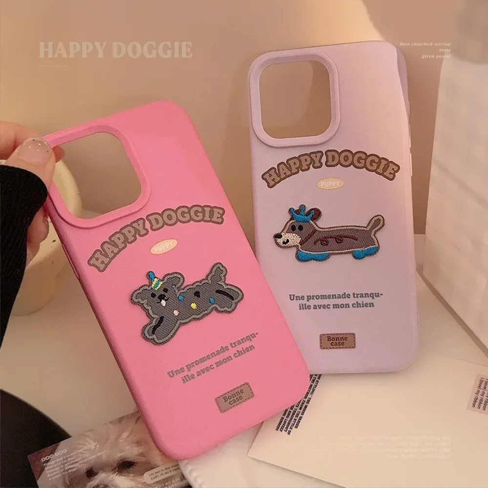 Ins Niche Style Embroidered Puppy Phone Case for IPhone16 15 14 12 13 11 Pro ProMax Plus X XR Shockproof Phone Cover