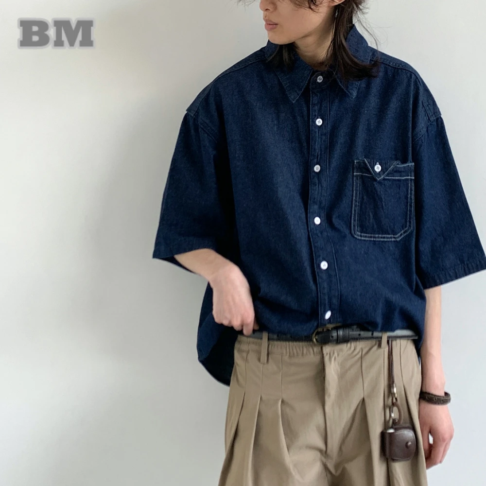 

Japanese Vintage Denim Shirt Unisex Oversized Summer Short Sleeve Men Women Blue Casual Trendy Lightweight Streetwear Loose Top