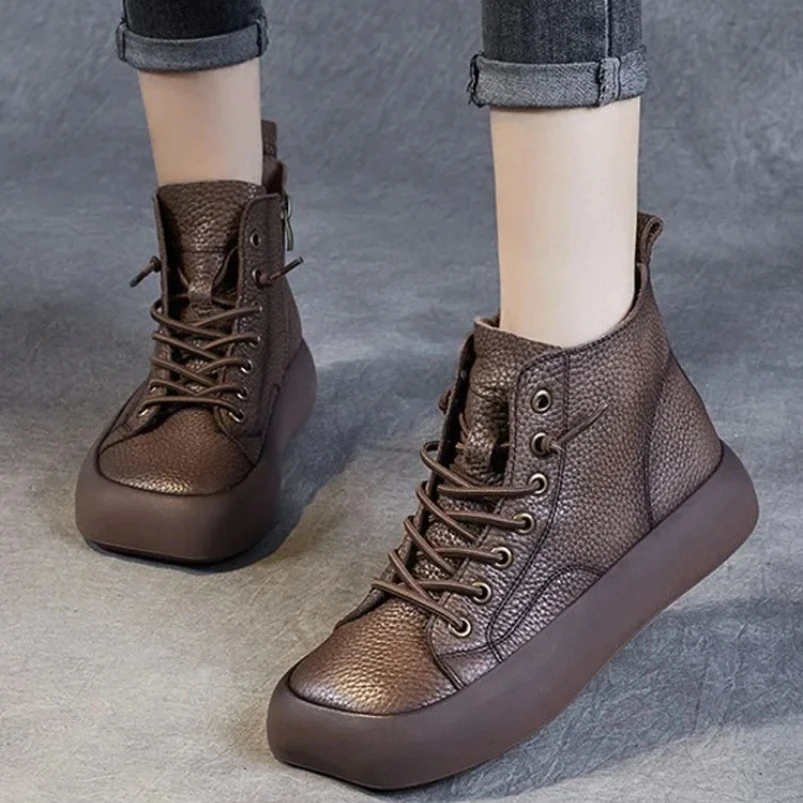 

2025 Genuine Leather Women Sneakers Single Boots New Trend Temperament Boots Flat Sneakers Winter Casual Shoes
