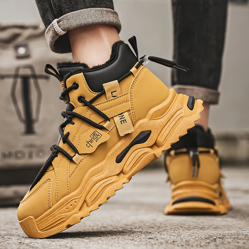 

Best-selling Warm Winter Fleece Comfort Thick-soled Lace-up Retro Style Solid Color Men's High-top Cotton Shoes and Snow Boots