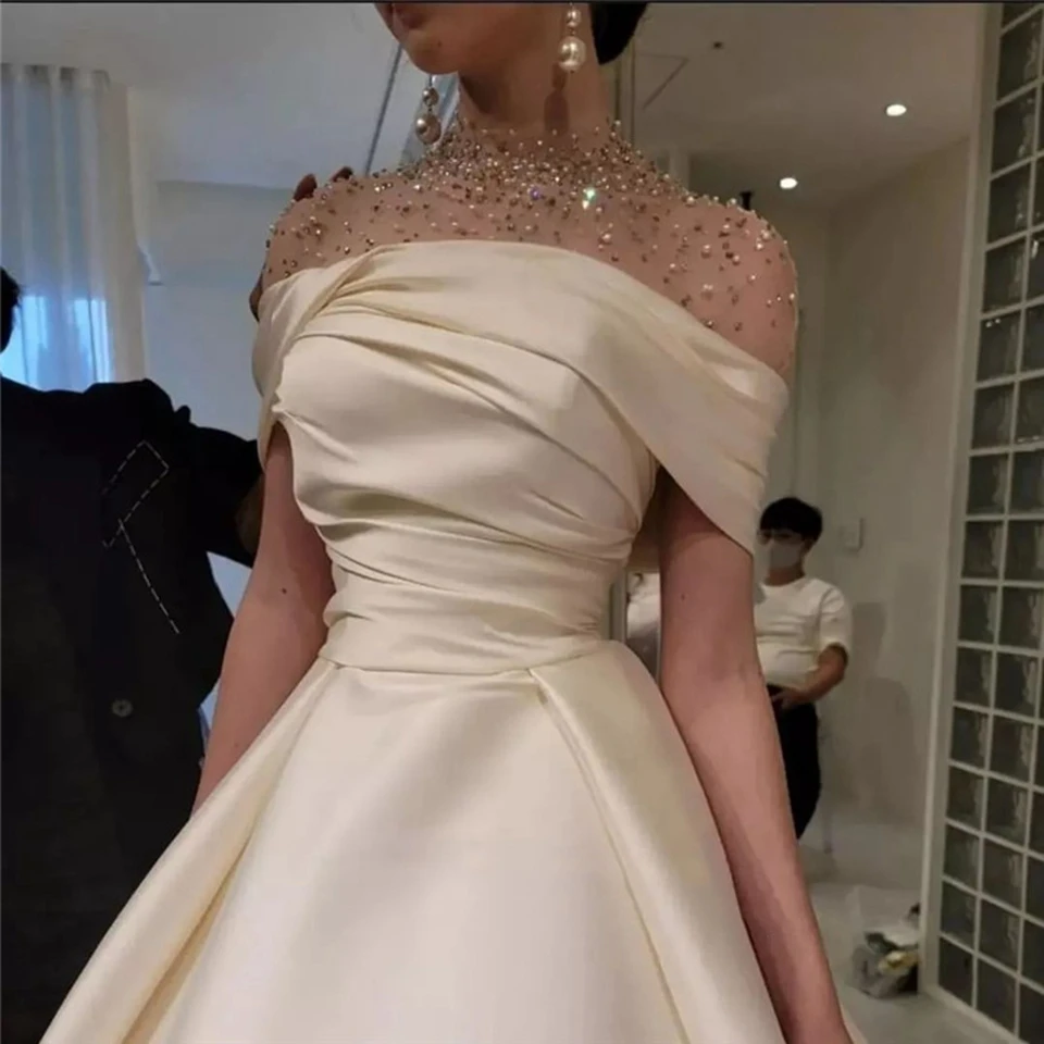 Vestido de novia acampanado hasta la rodilla, traje de novia con cremallera, hecho a medida, cuello alto, cuentas, manga corta, satén, 2023