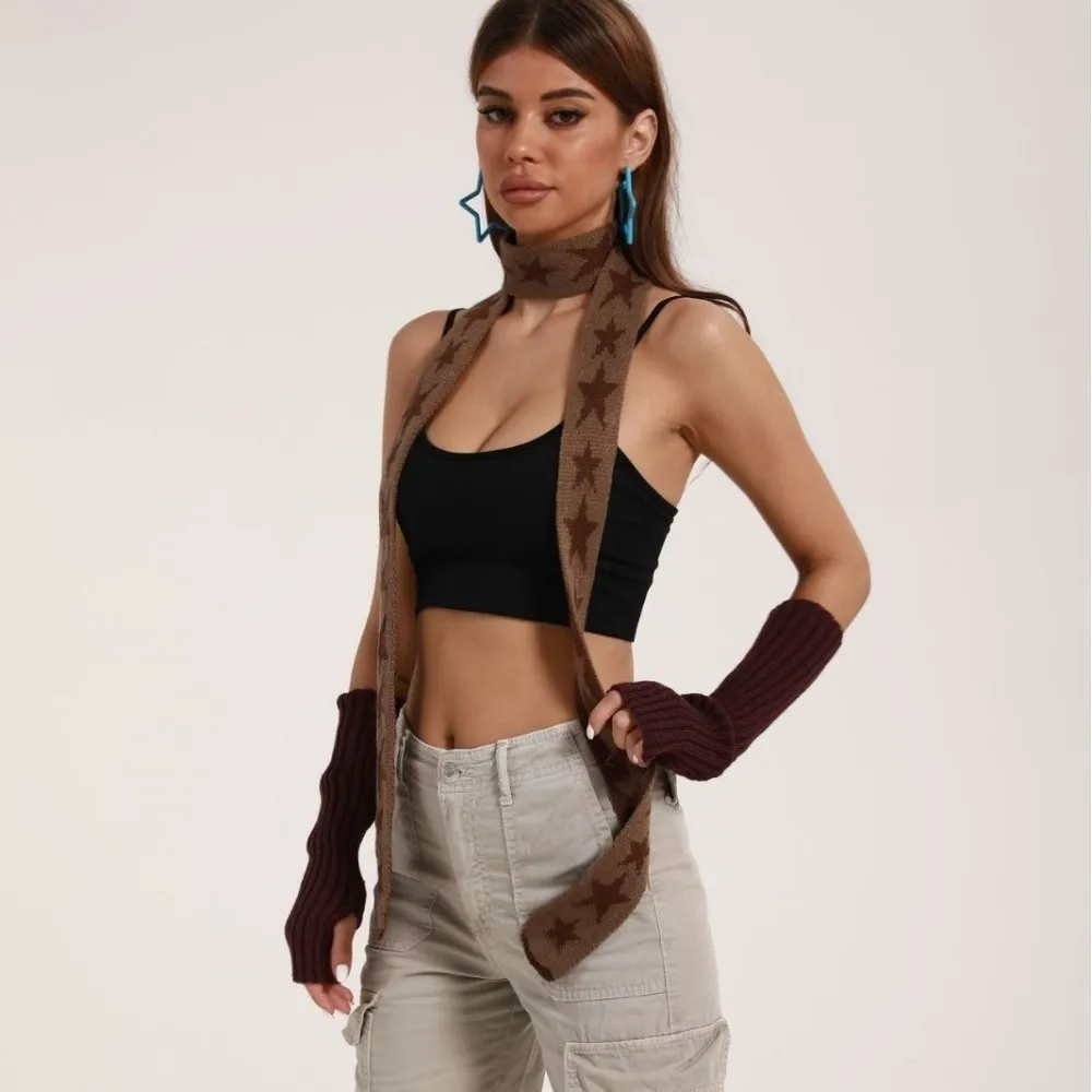 

Винтажный вязаный шарф со звездами, имитация кашемира, аксессуары для девочек, узкий длинный шарф, теплый шарф для шеи, стиль Y2K, два цвета, глушитель