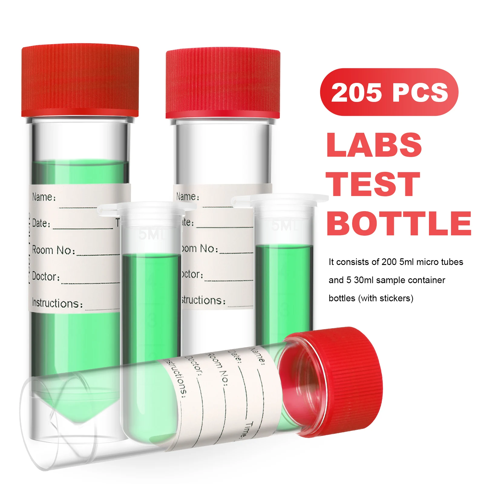 

205 Pcs Test Tube Set Bottle with Lid Lab Plastic Bottles Tubes Labs Reagent Specimen Flat Sample Laboratory