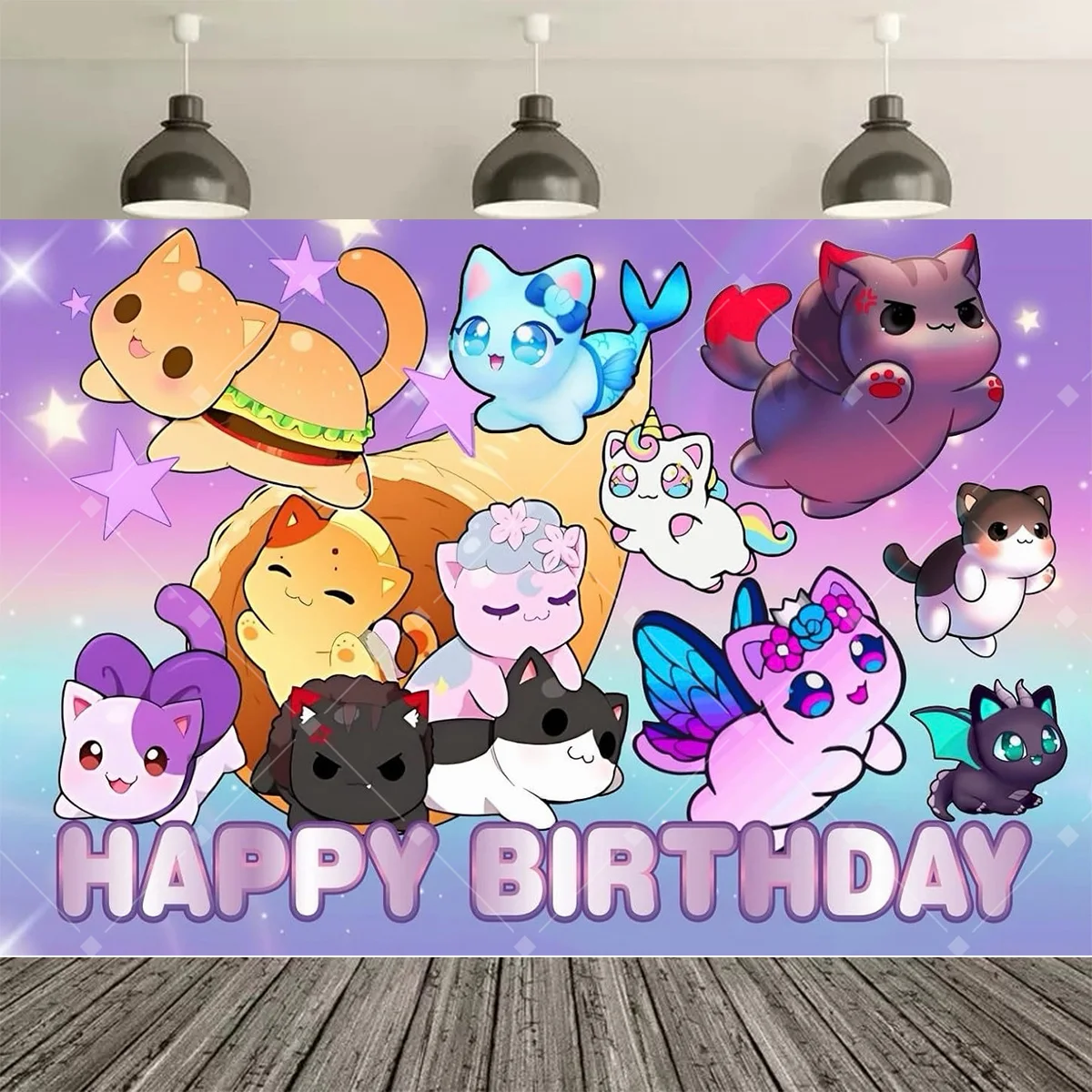 Niedlicher Aphmau-Katzen-Geburtstagshintergrund, Cartoon-Kätzchen-Geburtstagsbanner für Kinder, Mädchen, Geburtstagsparty, Fotodekoration – Detail 4
