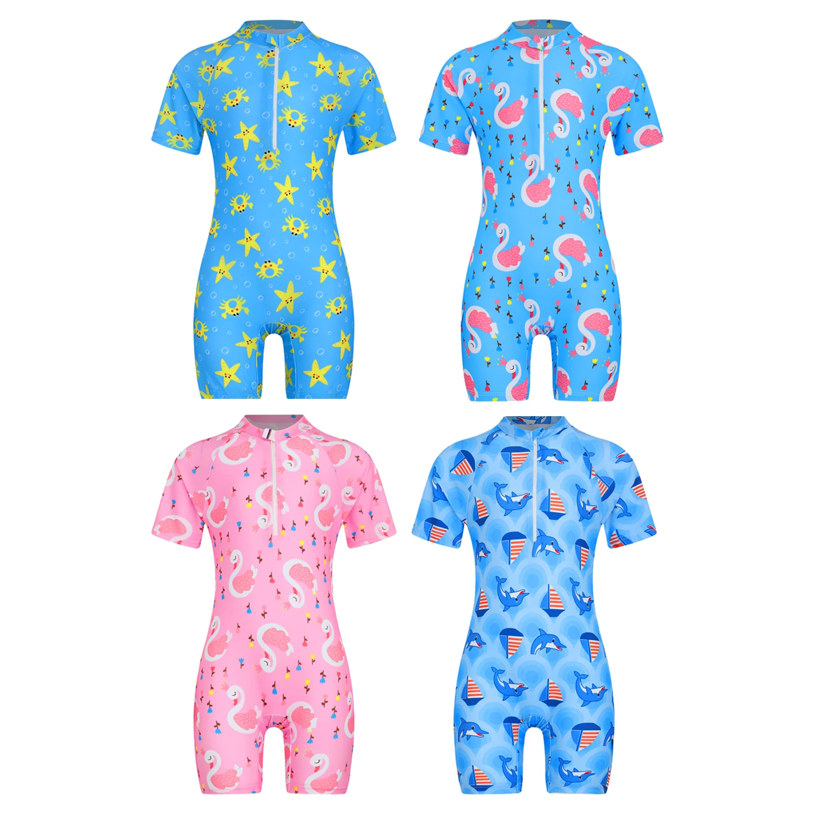 One-piece Swimsuit Girls Kids Rash Guard Jumpsuit Short Sleeve Leotard Swimwear Beachwear Bodysuit UPF 50+ Surfing Bathing Suits
