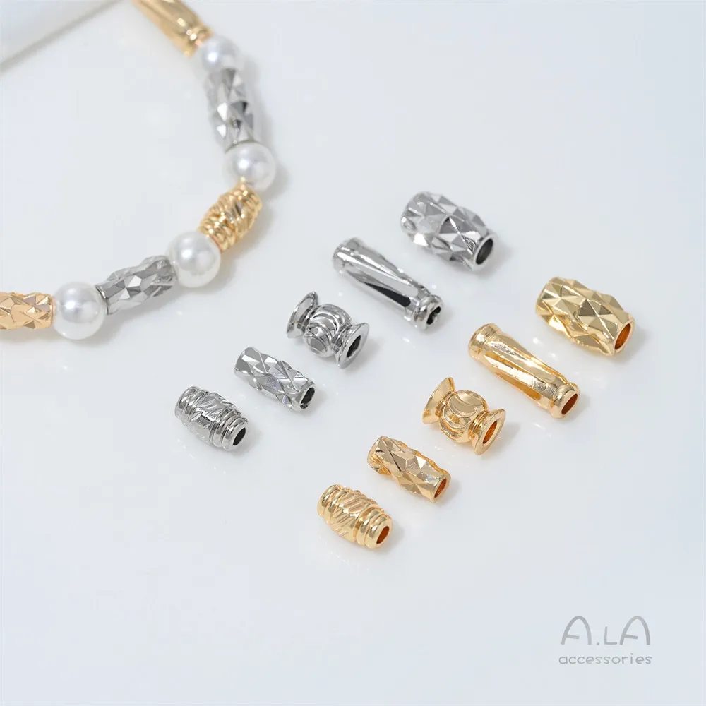 C52 14K Gold Plated Patterned Straight Pipe Beads, Threaded Lantern Spacer Beads for DIY Handmade Necklace Jewelry Making
