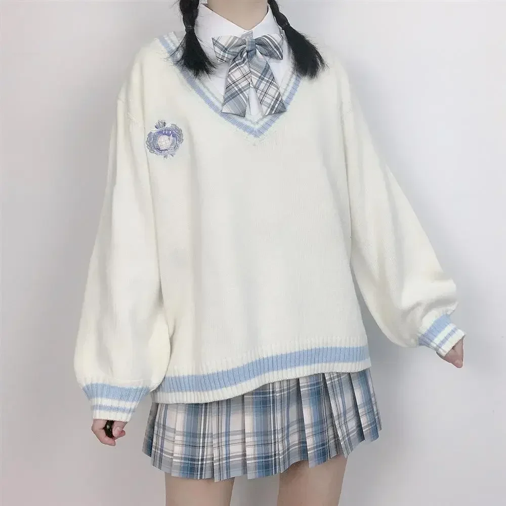 女性用ニットプルオーバーセーター、学校用Vネックトップ、ルーズセーター、日本のアウター、甘い大学の制服、韓国スタイル、学生スタイル